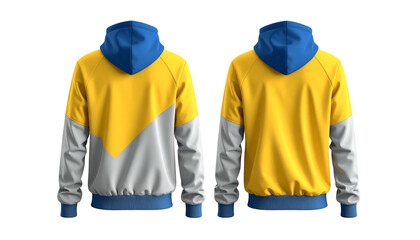 Front and back views of a hooded sweatshirt with color blocks of blue, yellow, and grey