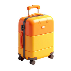 A 3D rendered cartoonish orange and yellow suitcase with a retractable handle and wheels