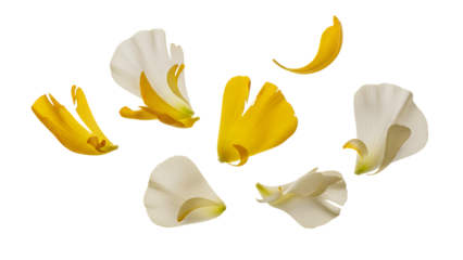 A close-up view of scattered white and yellow ranunculus flower petals on a plain white background