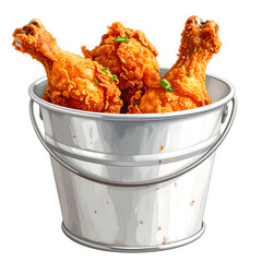 A metal bucket overflowing with golden, crispy fried chicken drumsticks
