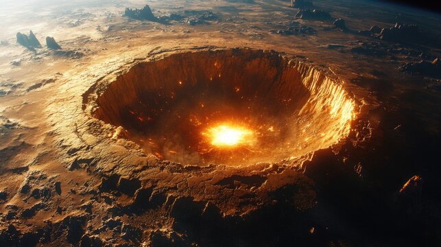 Giant impact crater viewed from above on a alien planet surface. Extinction Event.