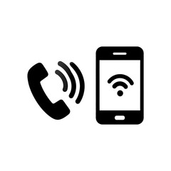 Two icons, one stylized network symbol, the other a tablet with wifi icon, on black