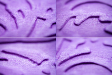 Collection of images with extreme macro of embossed purple paper. Selective focus, shallow depth of field.