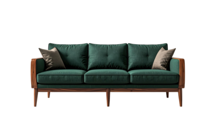 Elegant teal sofa with wooden frame, two neutral pillows, against a black backdrop