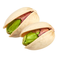 Two fresh pistachios, open to reveal vibrant green kernels, against a stark black background