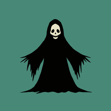 Stylized illustration of a grim reaper or ghost figure with a skull face and black robe on a teal background.