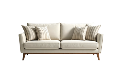 Cream-colored modern sofa with striped throw pillows and wooden legs, isolated on black