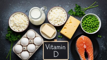 Vitamin D Rich Foods Salmon with Eggs, Dairy, Cheese, and Peas on Dark Stone.