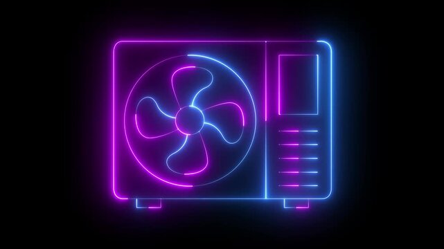 Neon Air conditioner icon isolated on black background. air conditioner icon animation. Split system air conditioning. Cool and cold climate control system. smart home devices concept. 