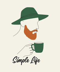 Line Art Portrait of Bearded Man with Coffee Cup and Hat