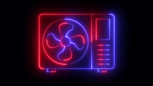 Neon Air conditioner icon isolated on black background. air conditioner icon animation. Split system air conditioning. Cool and cold climate control system. smart home devices concept. 
