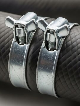 Close-up Showing Two Metal Clamps Securing a Dark Textured Flexible Tube