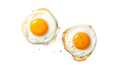 Two fried eggs, overhead view, yolk bright, white cooked, black backdrop
