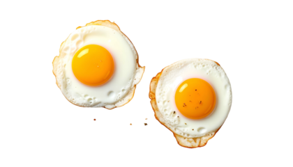 Two fried eggs, overhead view, yolk bright, white cooked, black backdrop