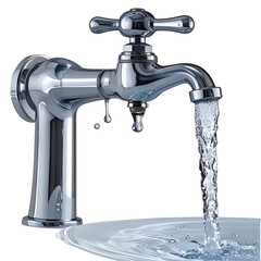 Shiny chrome faucet with water pouring into a clear cascade on a black background