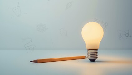Light bulb and pencil symbolizing ideation and planning in a workspace, suitable for editorial layouts.