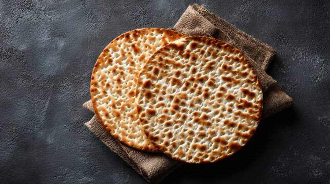 Two crispy round matzo breads placed on a textured cloth against a dark rustic background. Perfect for showcasing traditional Jewish cuisine or Passover celebrations.