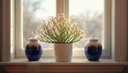 Colorful Christmas cactus blooming in blue and white porcelain containers, festive indoor flowering plant