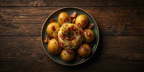 Baked potatoes with onions and garlic seen from above, for use as a text overlay background