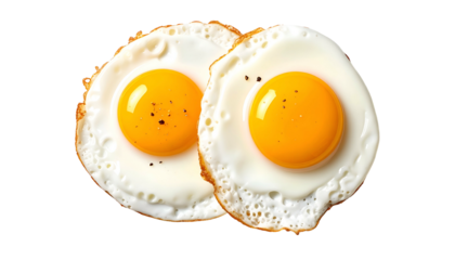 Two sunny-side up eggs, bright yellow yolks, against a stark black background