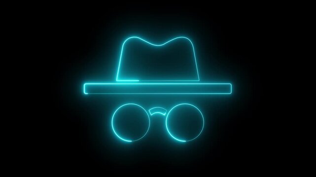 neon incognito icon isolated on black background. Incognito mode icon animation. Private mode incognito mode animation. 4k video animation.