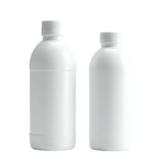 Two white, blank plastic bottles of different sizes sit against a black background