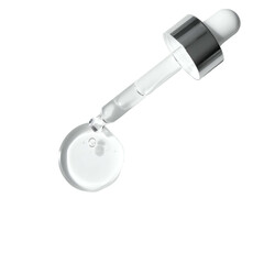 Glass dropper dispensing clear serum onto a droplet, set against a black backdrop