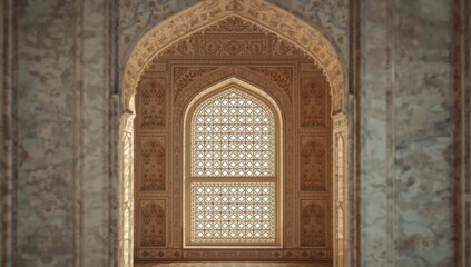 Obraz premium White marble arch with intricate ornamentation and latticed window viewed from below, focusing on craftsmanship, in Agra, India