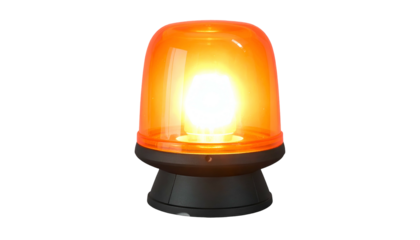Bright orange emergency light on a black base, glowing intensely. Isolated on a black background