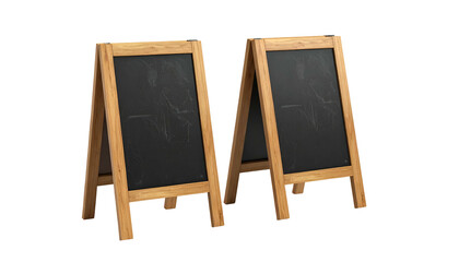 Two wooden framed sandwich boards with black chalkboards, on a transparent background
