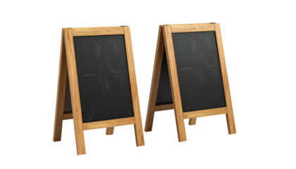 Two wooden framed sandwich boards with black chalkboards, on a transparent background