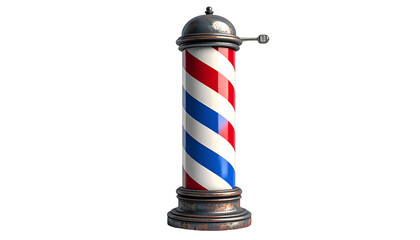 A classic barber pole with red, white, and blue stripes against a black background
