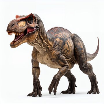 Detailed rendering of a powerful allosaurus dinosaur standing on a white background