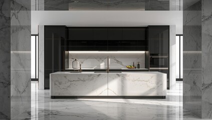 Contemporary kitchen featuring handleless cabinets, black accents, black glass appliances, marble island, and countertops, suited for interior design