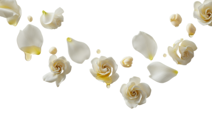 Gardenia flowers falling gently through the air in a serene and isolated environment