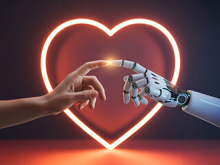 A connection between human and artificial intelligence, symbolizing love and interaction with a glowing heart