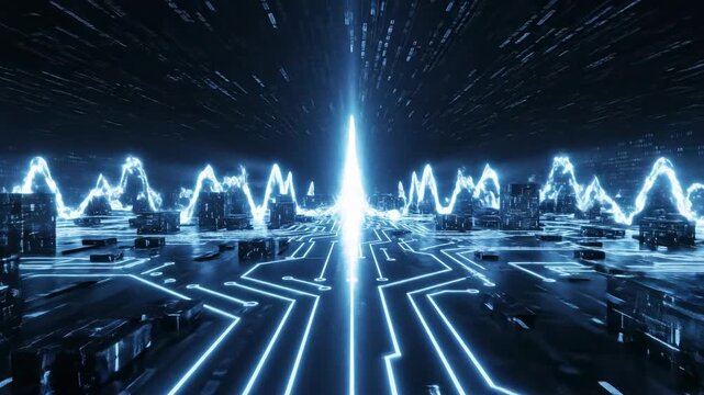 Vibrant neon blue technological grid pulsating outwards in synchronized waves across a dark digital landscape environment motion graphics, pulse, system