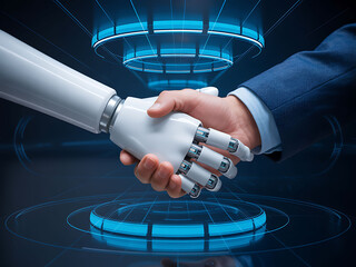 Human and robot hand shake signifying futuristic collaboration and technological partnership