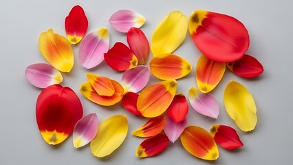 Scattered Vibrant Tulip Petals on a Soft Gray Background Displaying Bloom