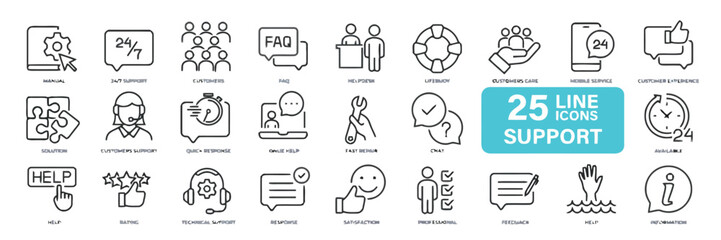 Line support icons vector set manual 24 7 customers faq helpdesk lifeguard mobile customer experience assistance service satisfaction