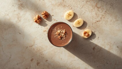 Banana and nut-topped chocolate protein shake viewed from above, emphasizing nutritious ingredients, World Nutrition Day