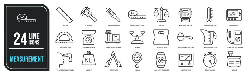 Line measurement icons set of 24 elements such as tape ruler caliper thermometer scale and other measuring tools in simple outline vector for business finance education