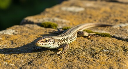 Obraz premium Small lizard basking in the sun on a mossy stone wall, showcasing its intricate scales and natural camouflage in a detailed close-up.