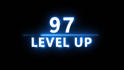 Neon level up 97 number illustration. Neon next level.  Neon level up text on black background.