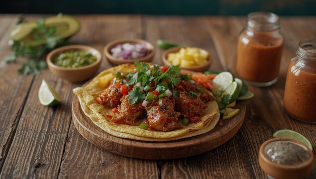 Mexican dish Gringa Pastor a la Diabla with sauces and condiments arranged on a wooden surface, highlighting culinary tradition