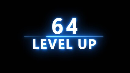 Neon level up 64 number illustration. Neon next level.  Neon level up text on black background.