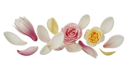 A serene arrangement of flower petals surrounding a delicate pink rose and a yellow bloom on a white background