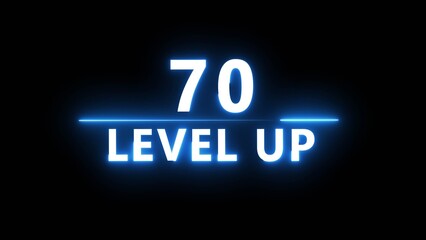 Neon level up 70 number illustration. Neon next level.  Neon level up text on black background.