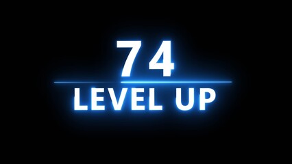 Neon level up 74 number illustration. Neon next level.  Neon level up text on black background.