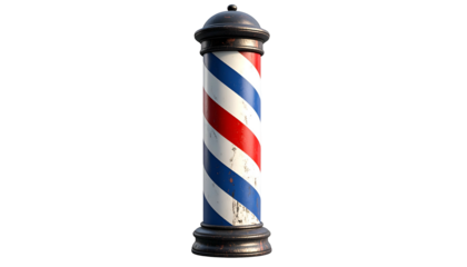 A traditional barber pole, with red, white, and blue stripes, set against black
